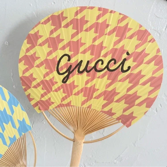 Gucci Houndstooth Patterned Bamboo Paper Fans Blue Yellow Peach Pink Summer Hues